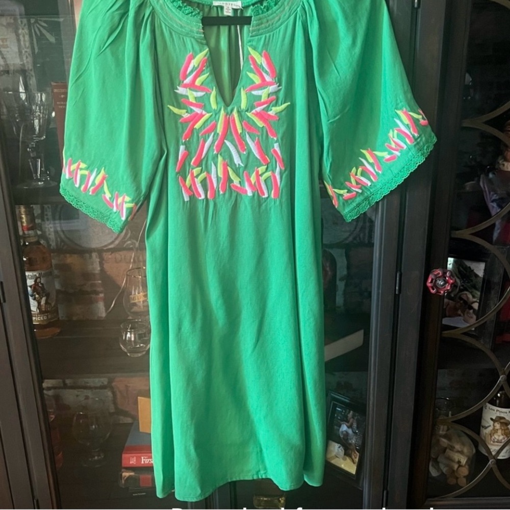 JODIFL Green Dress with Pink Embroidery